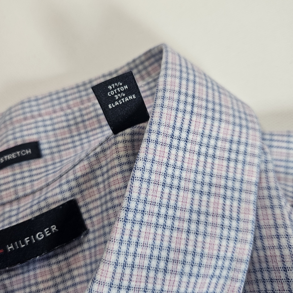 Tommy Hilfiger Dress Shirt Mens XL Pink Blue Regular Fit Stretch Office Career - Picture 5 of 7